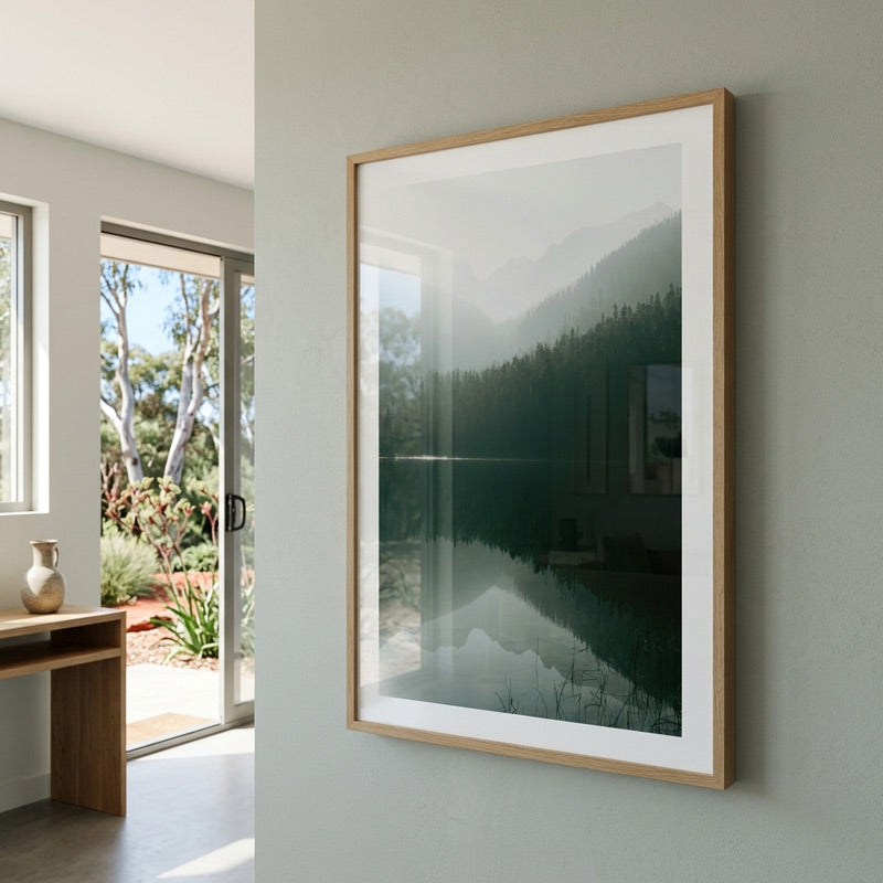 Framed landscape print on a wall in a modern interior setting