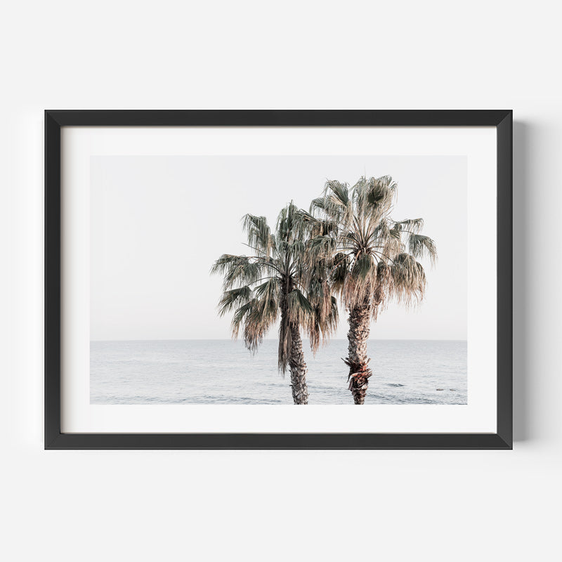 Modern art print of palm trees by the sea in Laguna Beach, CA.
