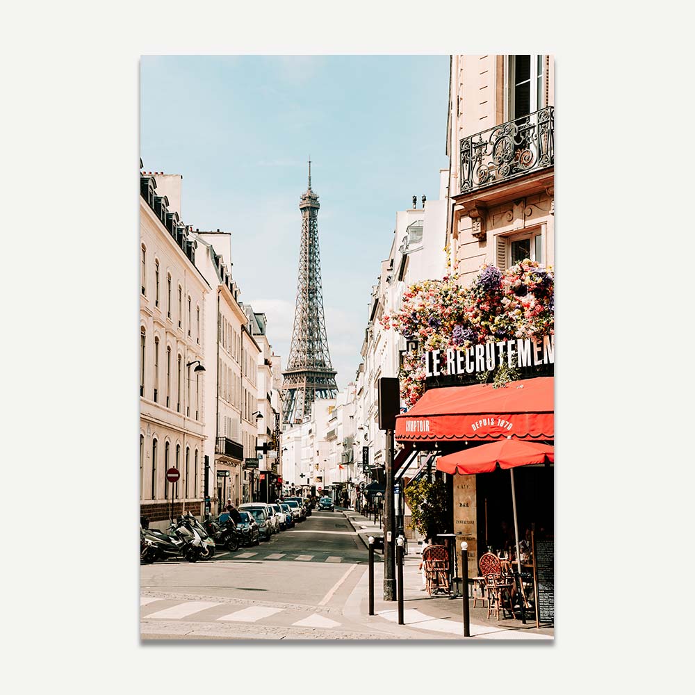 Paris skyline featuring a signboard and a distant Eiffel Tower, perfect for adding a Parisian flair to any room.
