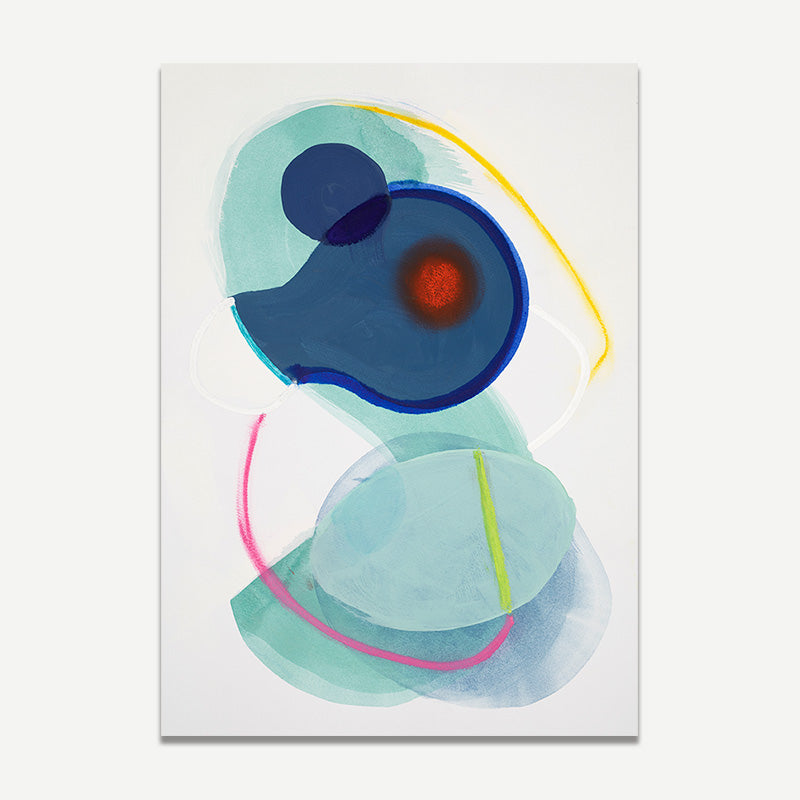 Abstract art piece with blue, red, and green shapes on a white background