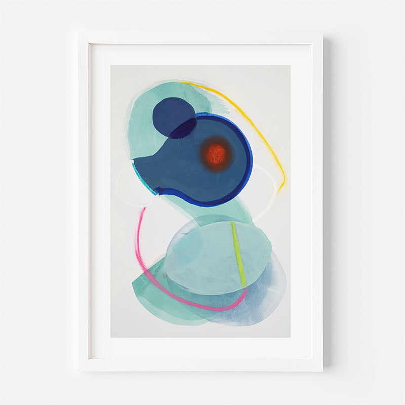 Abstract art print with blue, green, and red shapes on a white background