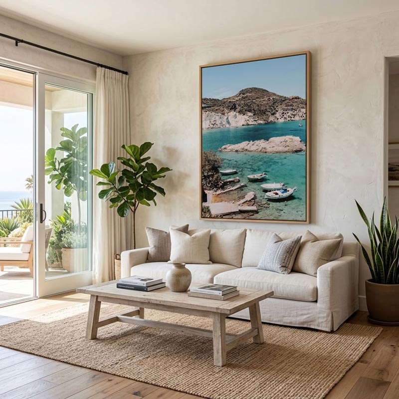 A large framed vertical canvas print of a coastal cove with turquoise water and boats hangs on a textured beige wall above a cream-colored sofa in a modern, sunlit living room.