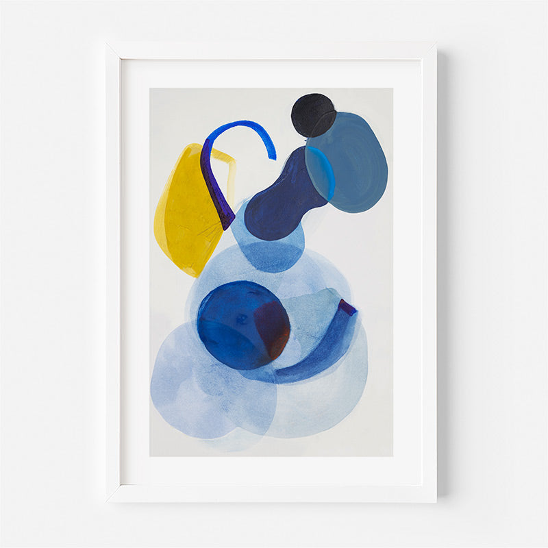 Abstract art print with blue and yellow shapes on a light gray background