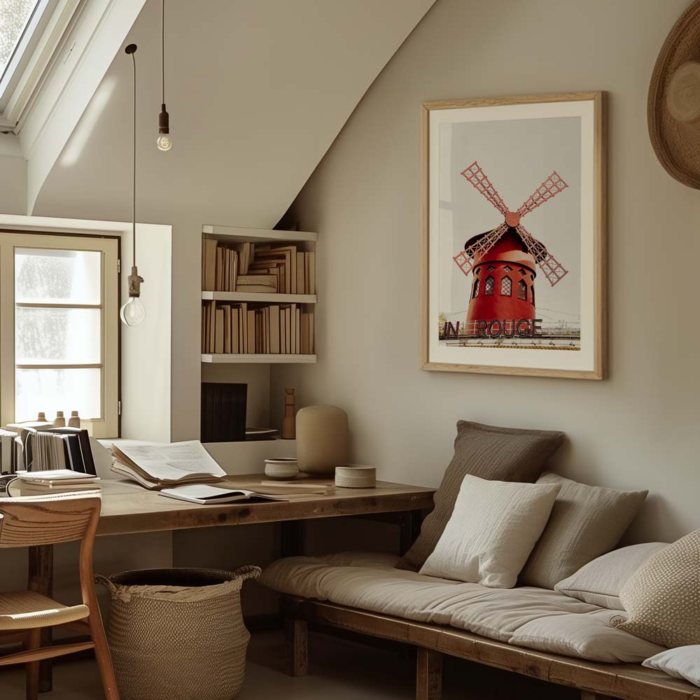 Montmartre’s quiet morning with the iconic Moulin Rouge, ideal for sophisticated home decor.