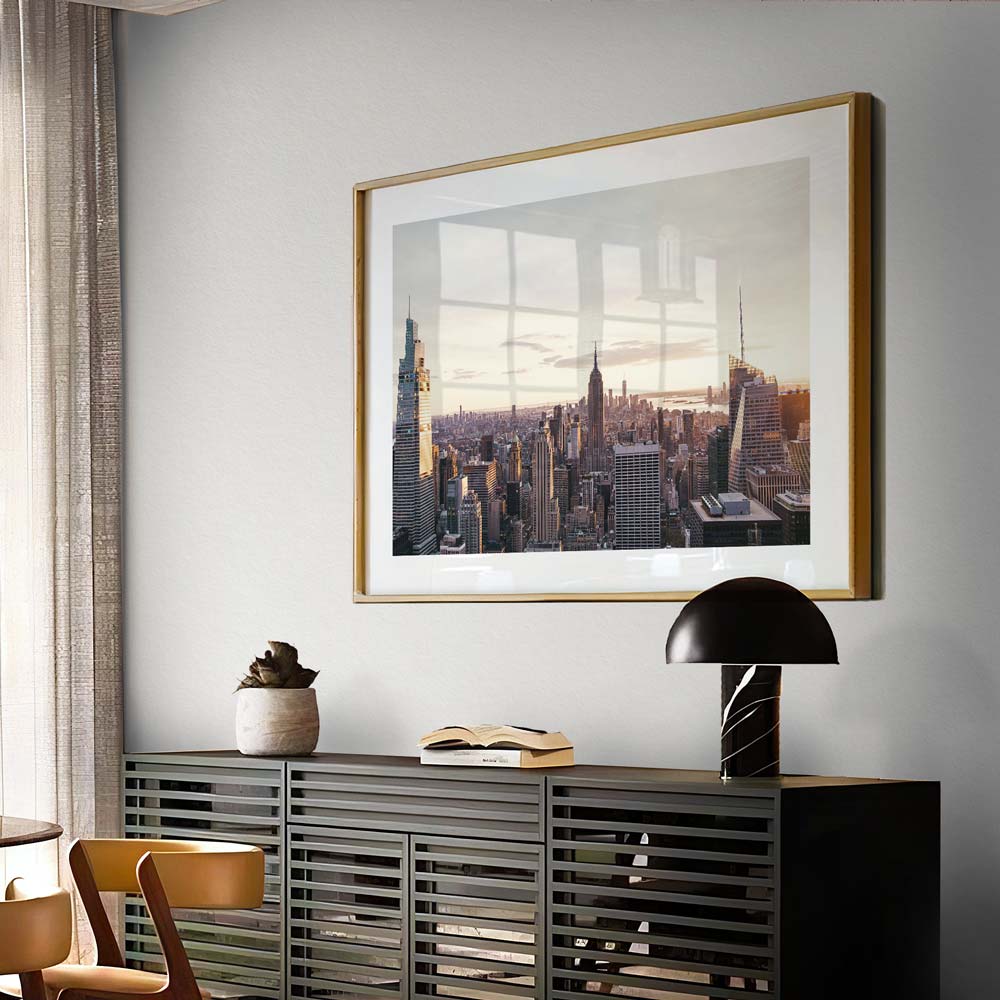 New York City skyline wall artwork with aerial view of buildings, perfect for large wall art displays in any room.