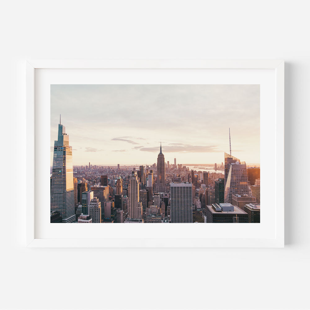 Aerial view of New York City wall art from OblongShop, showcasing buildings in modern artwork style for living room decor.