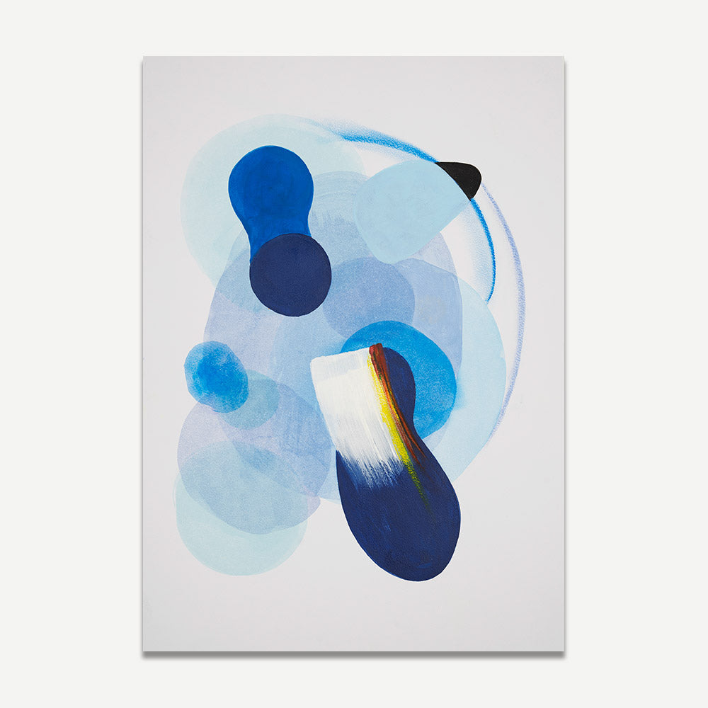 Abstract art piece with blue and white shapes on a white background