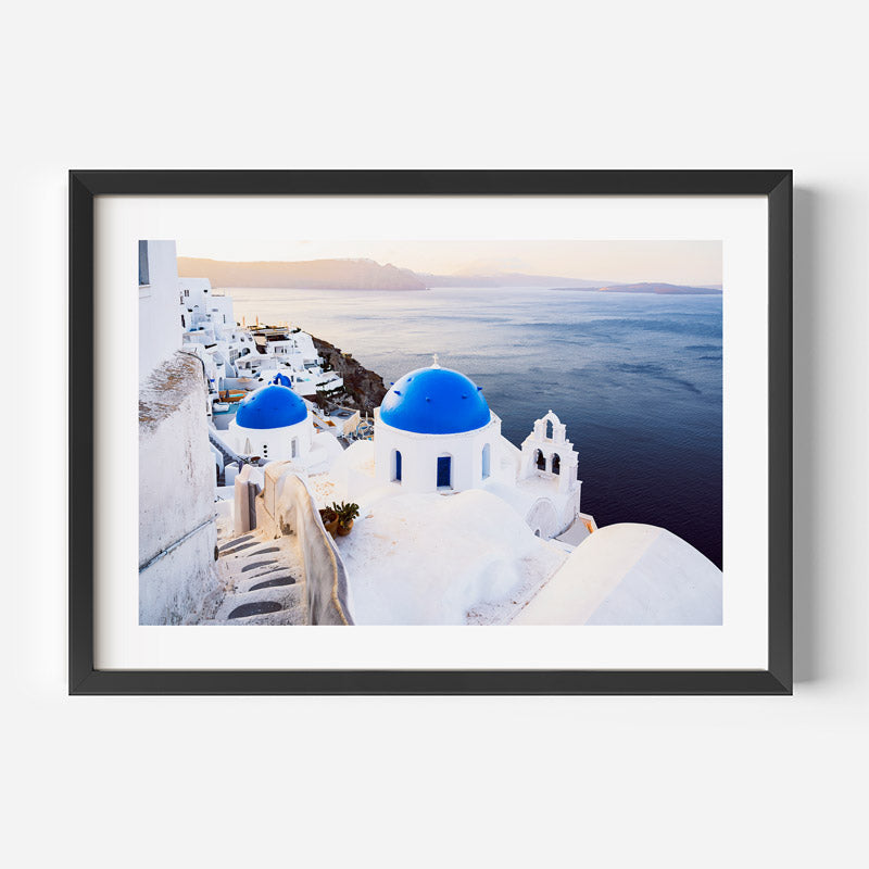 Oia Blue Domes at Sunrise Art Print