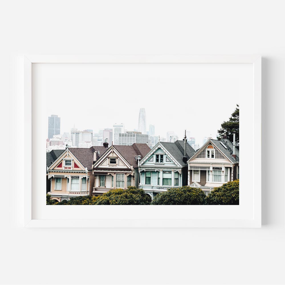 The Other Ladies wall art featuring San Francisco's Painted Ladies with vibrant pastel hues and Victorian architecture.