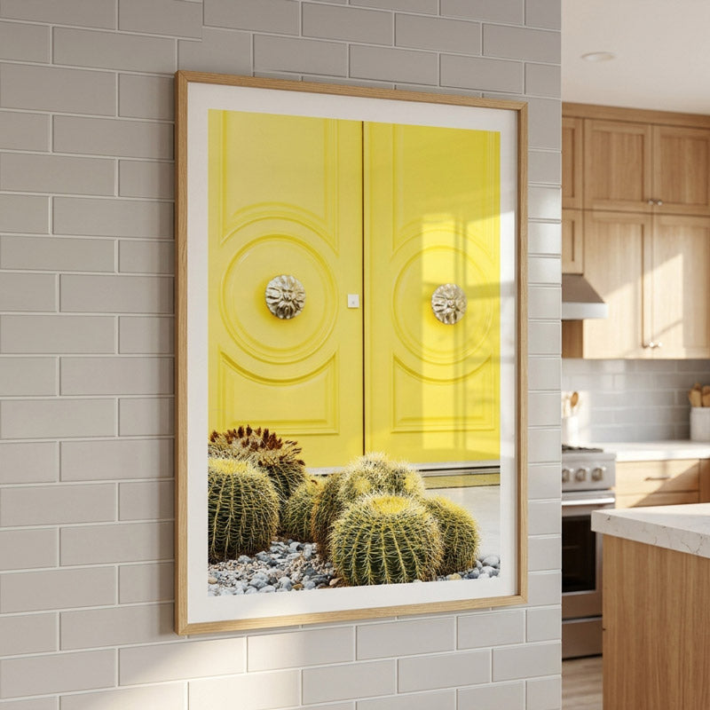 Framed artwork of cacti in a kitchen with gray tiled wall