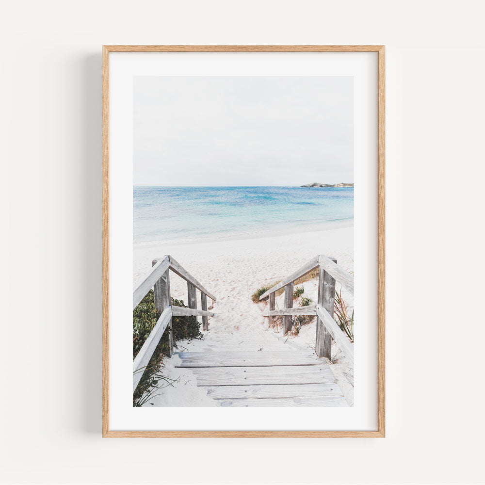 Idyllic Beach Escape: A scenic pathway guiding you to Parakeet Bay Beach, Rottnest Island, offering a tranquil retreat with framed art and canvas prints for your wall decor.
