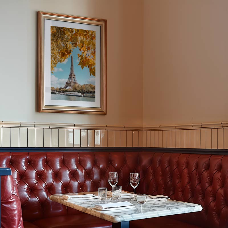 Red leather booth with a table set for two, featuring a framed picture of the Eiffel Tower on the wall.