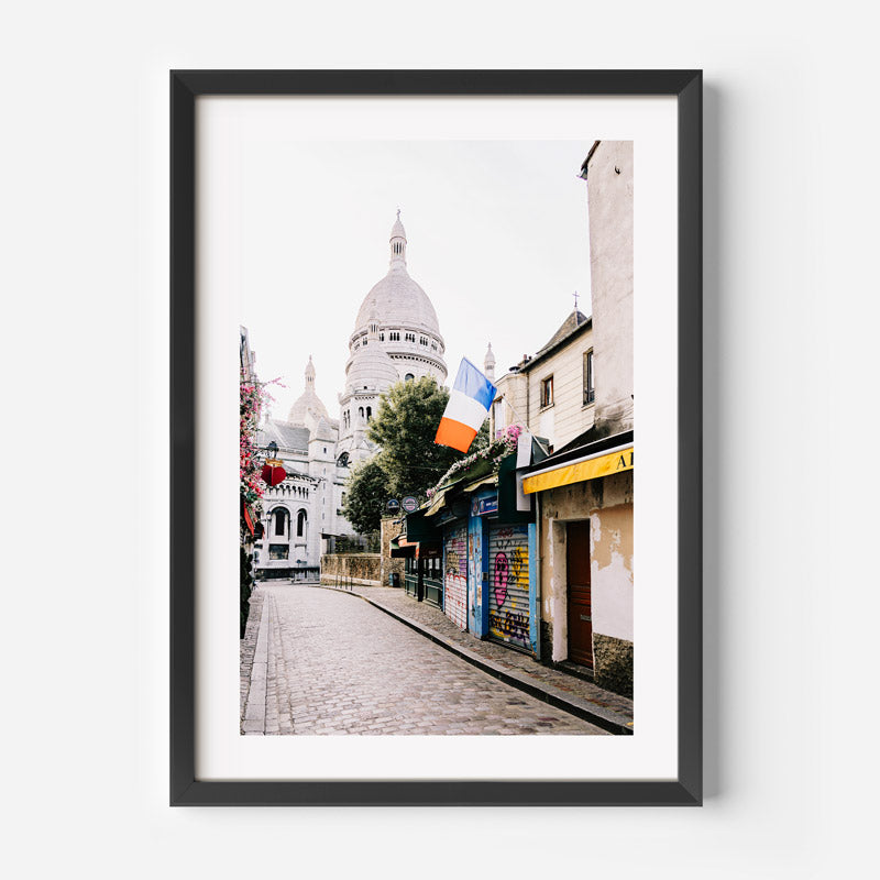 Framed photograph of a street scene with a prominent building, shops, and a French flag.