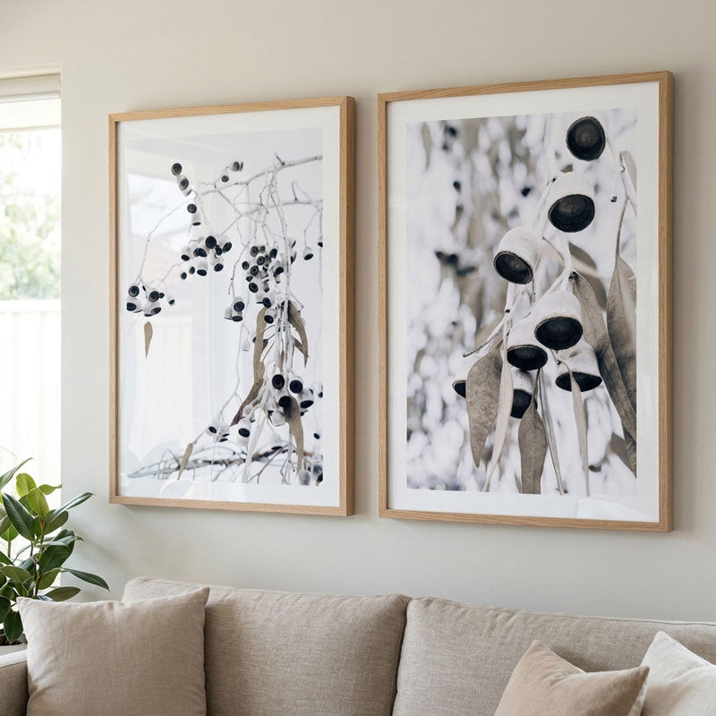 Two framed botanical art prints with black and white seed pods hang on a light beige wall above a beige sofa. The left print has a light wood frame, and the right print has a slightly darker wood frame.