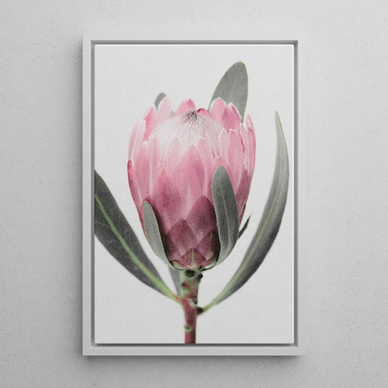 Framed artwork of a pink flower with green leaves on a light gray background
