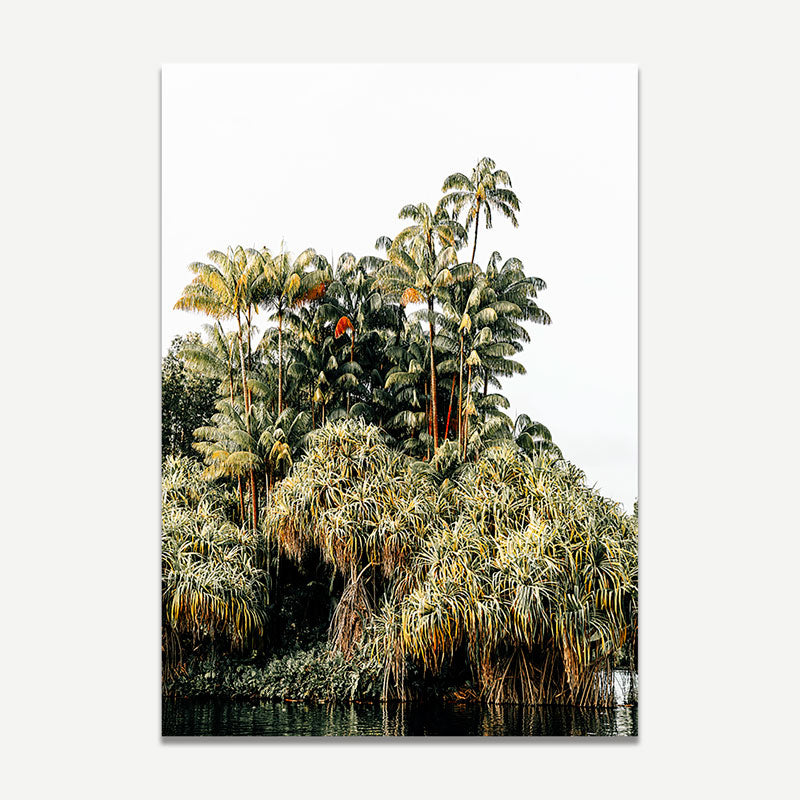 Artwork of a tropical forest scene with palm trees and water.