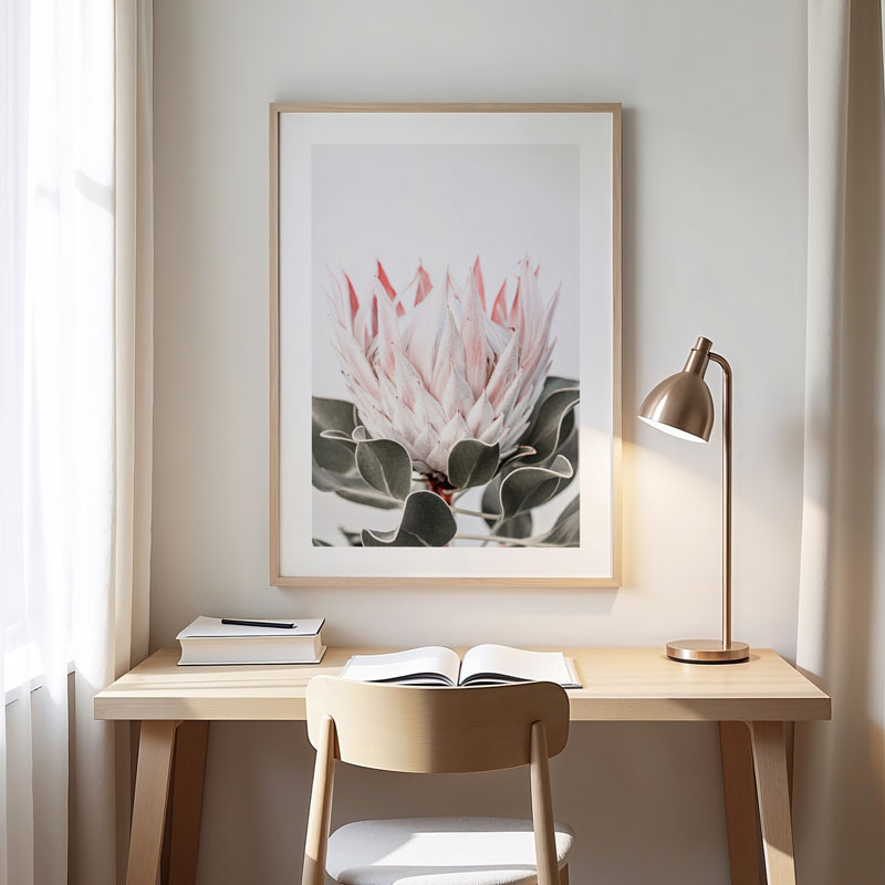 Framed print showcasing the intricate details of a Queen Protea flower, ideal for bringing natural beauty into your home.