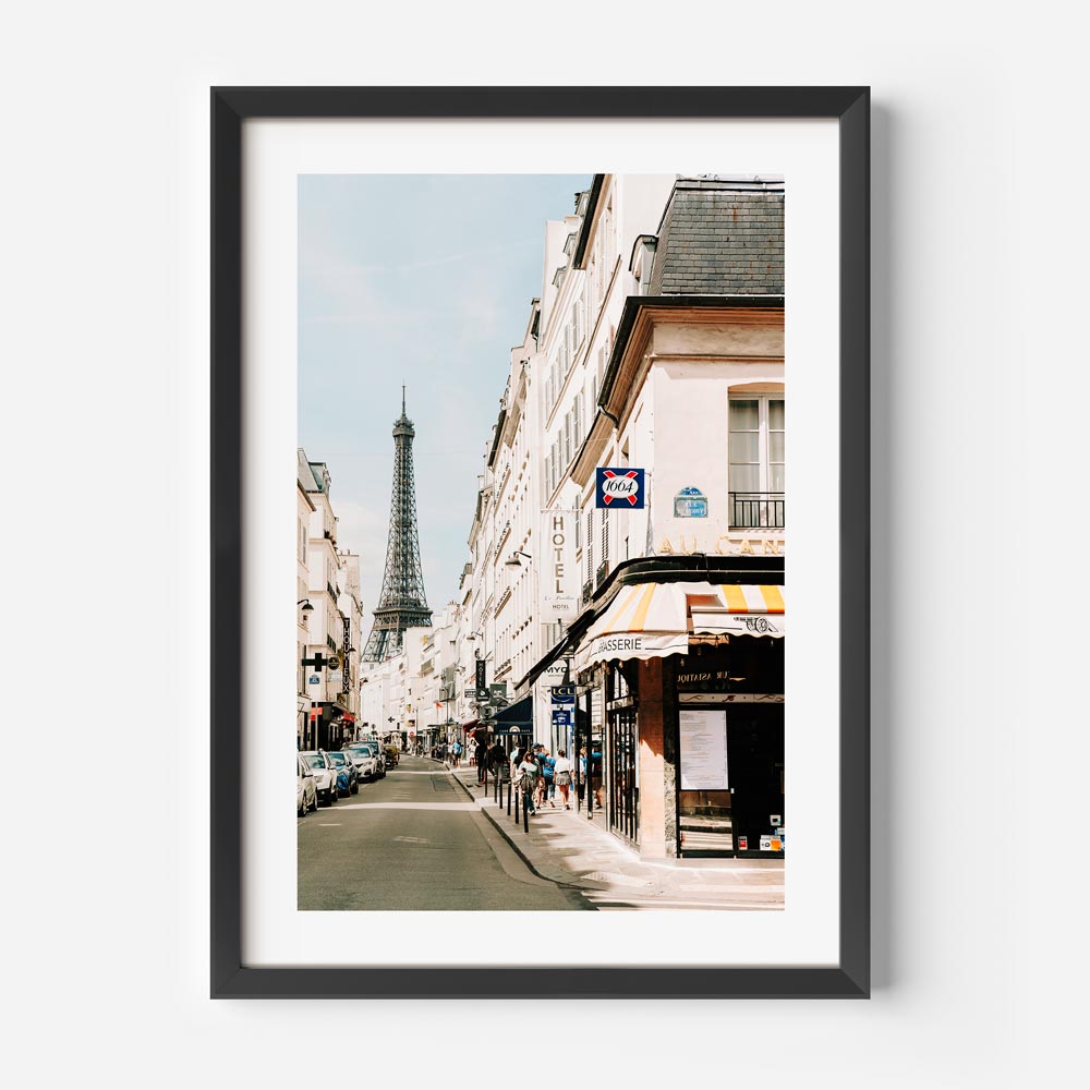 Photograph of Eiffel Tower from Rue Saint-Dominique, Paris, ideal for framed art or wall artwork.