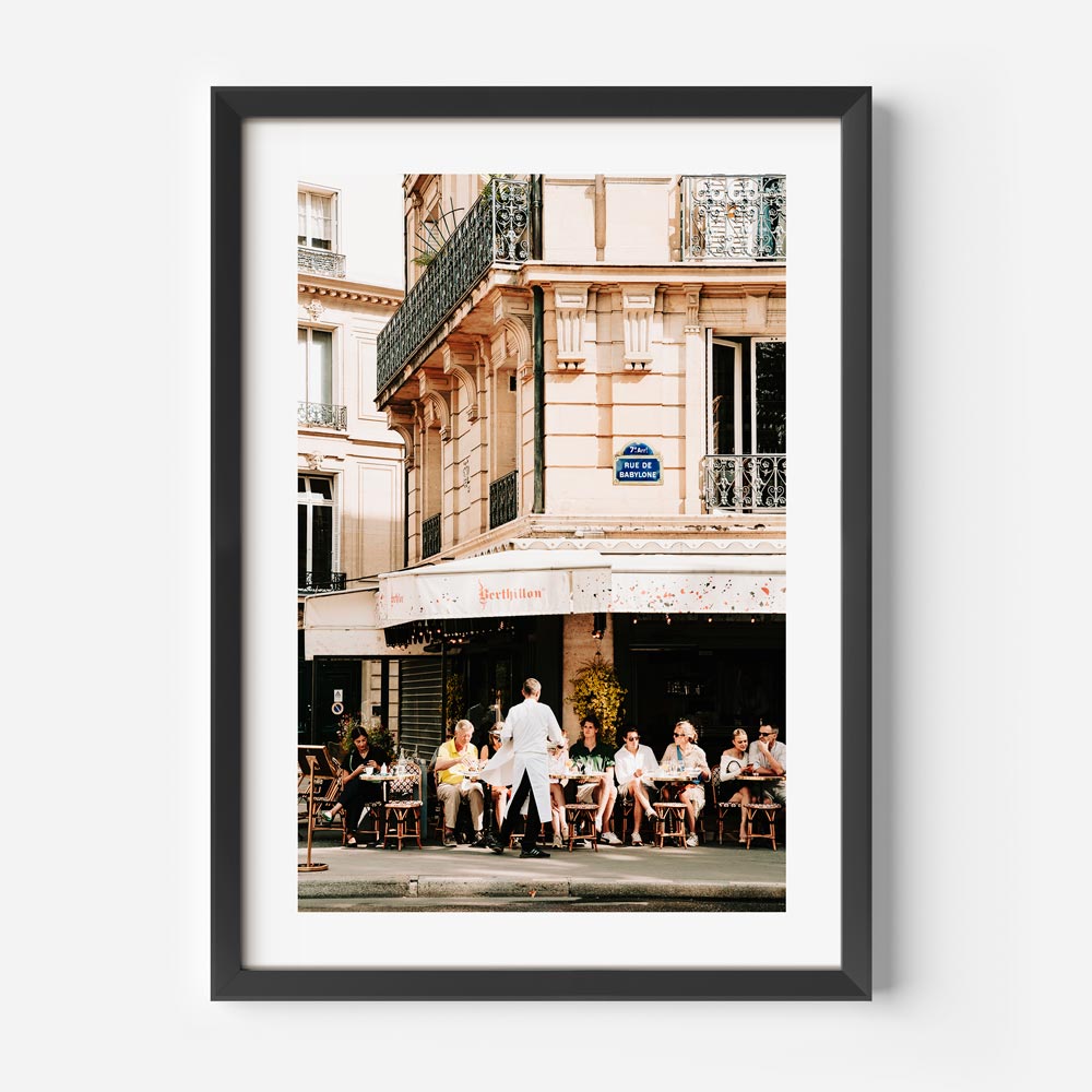 Romantic Parisian scene featuring the Eiffel Tower from Rue Saint-Dominique, surrounded by charming cafés and buildings.