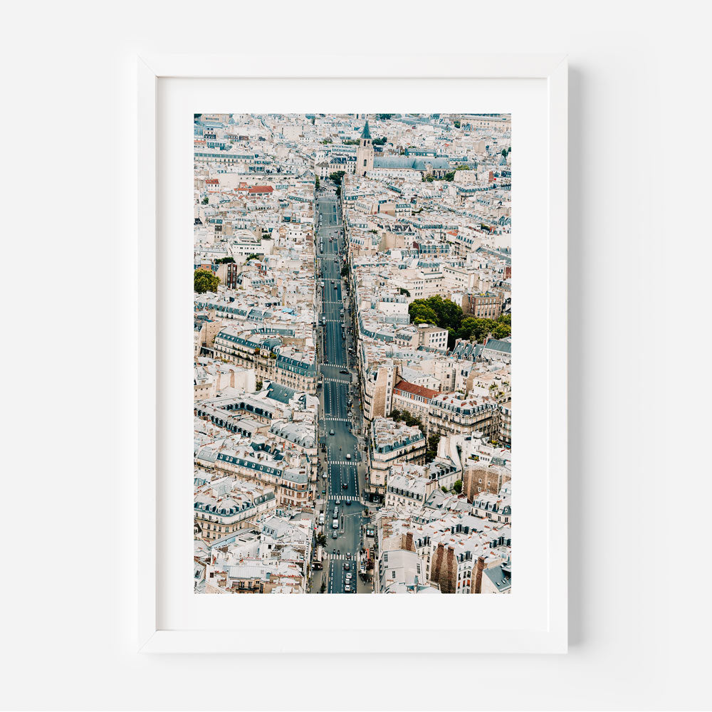 Stunning view of Parisian rooftops and chimney stacks captured in original photography for home decor.