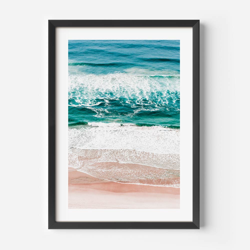 Main Beach Gold Coast scene with waves crashing and sea-foam hues, ideal for wall art decor.