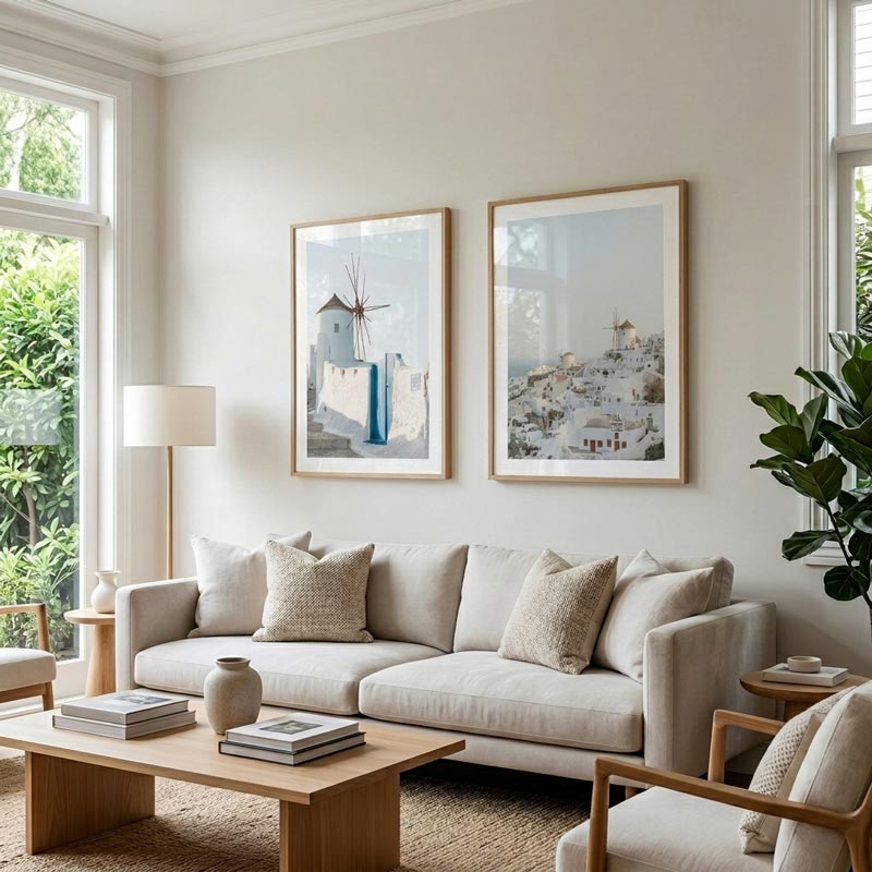 A bright, modern living room with a light beige sofa, wooden coffee table, and two framed art prints hanging on the wall above the couch. The prints depict snowy mountain villages with blue windmills and white buildings, styled in light wood frames.