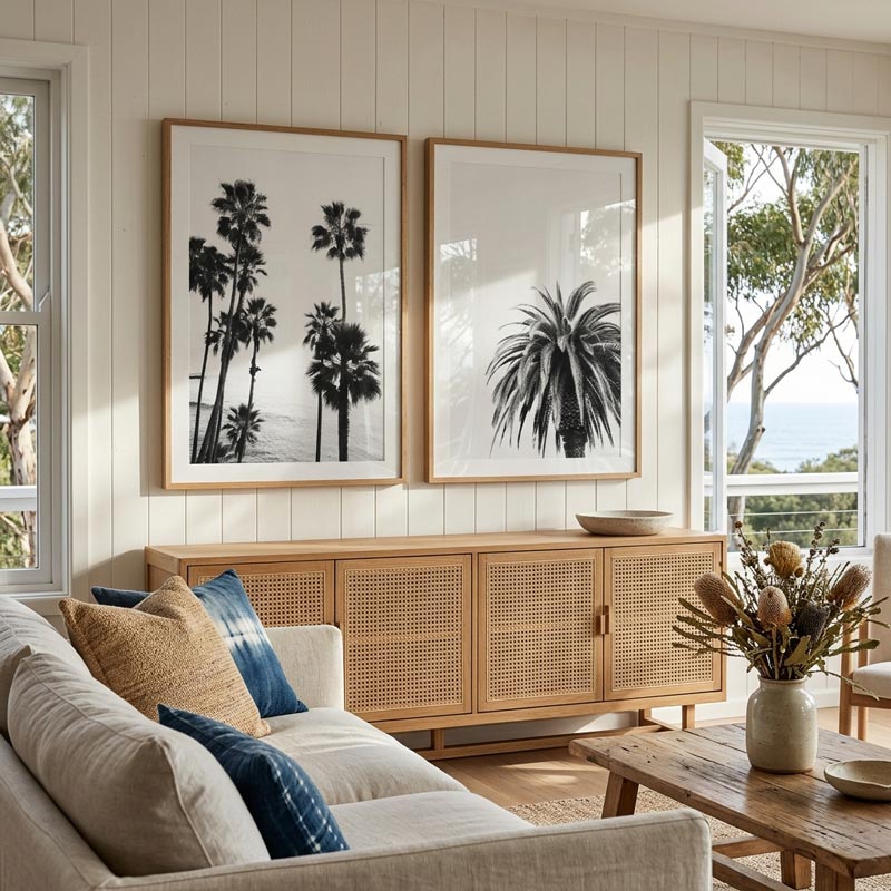 Living room with beige sofa, wooden cabinet, and palm tree artwork.