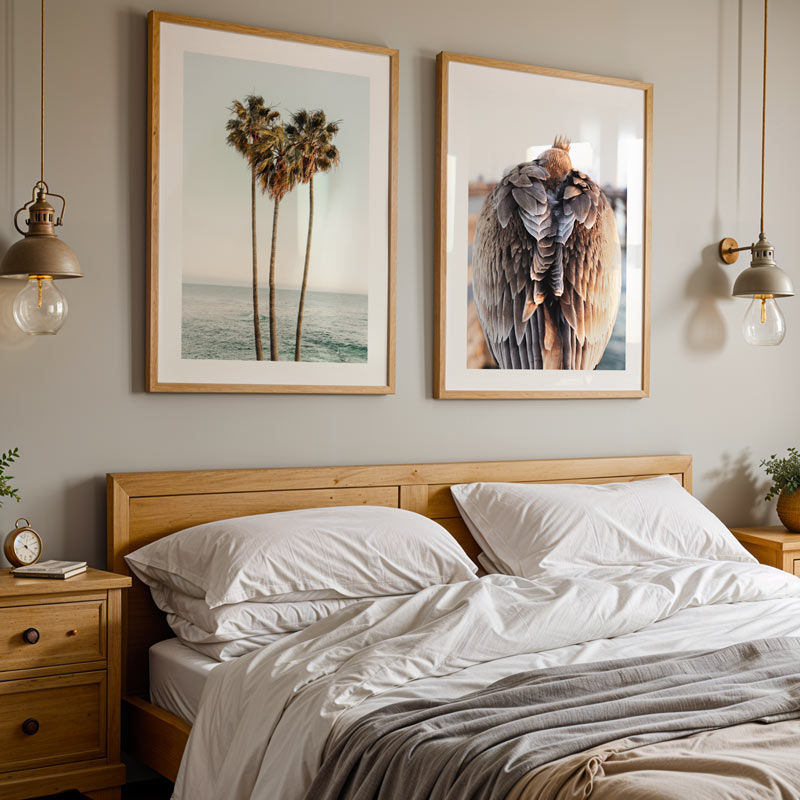 Bedroom with wooden headboard, white bedding, and framed artwork on the wall.