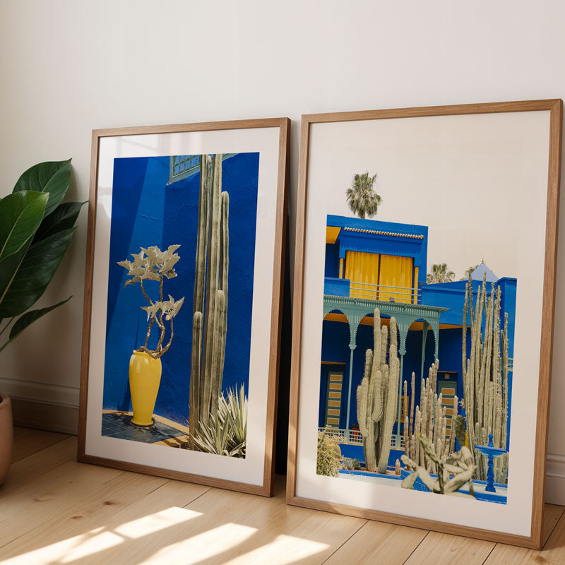 Two framed artworks of cacti and a blue building on a wooden floor.