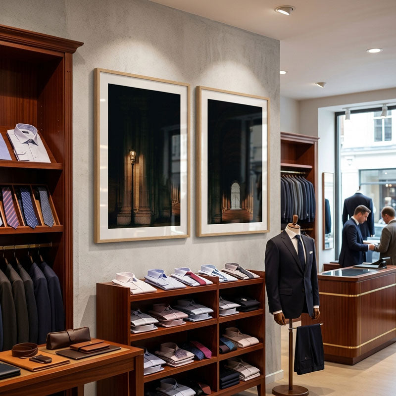 Men's clothing store interior with suits, shirts, and accessories displayed.