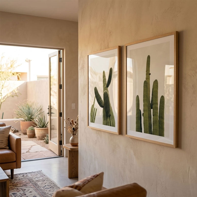 Two framed botanical art prints of saguaro cacti hanging side-by-side on a warm beige plaster wall in a modern, sunlit living room.