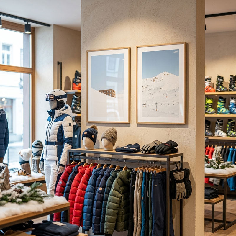Store interior with clothing racks, mannequins, and framed pictures on a wall.