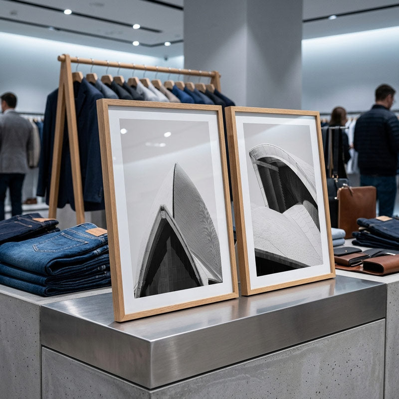 Two framed pictures on a counter with clothing in the background