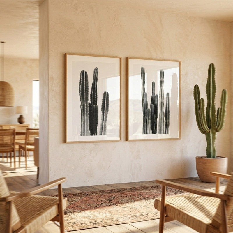 Living room with cactus wall art and a potted cactus