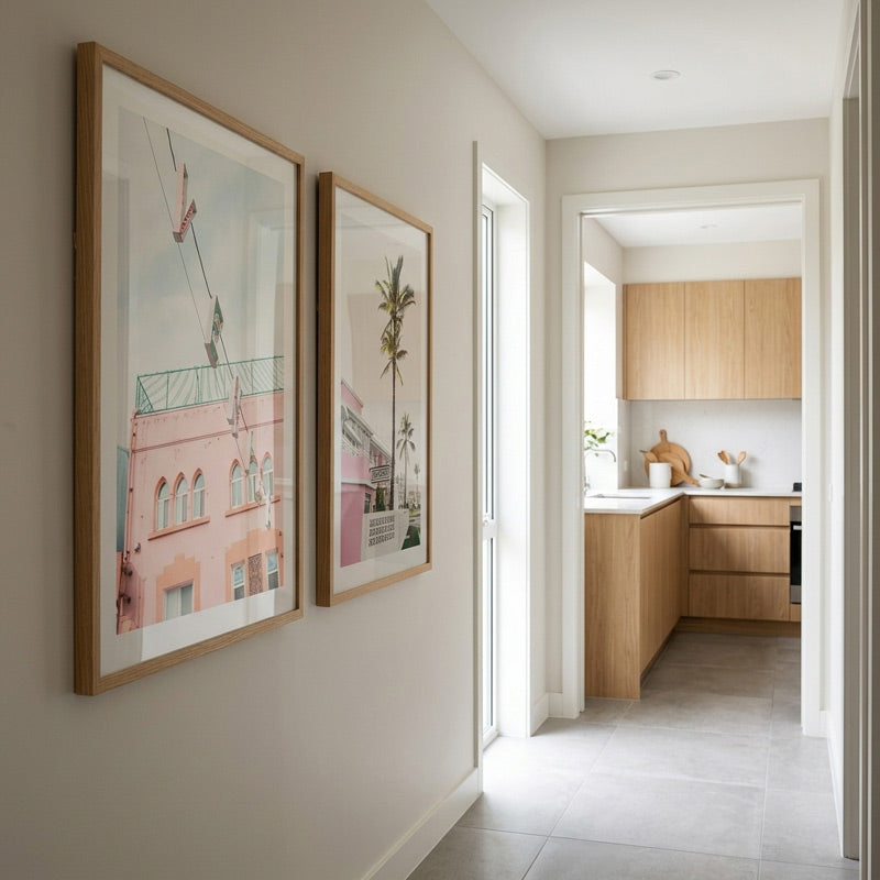 Two framed artworks on a wall with a kitchen in the background