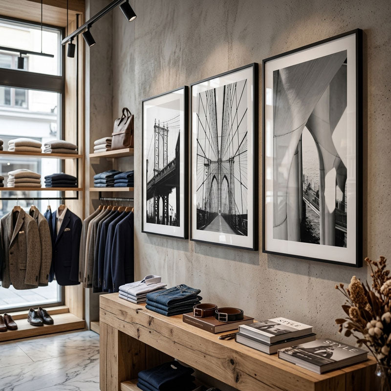 Modern clothing store interior with framed black and white artworks on the wall.