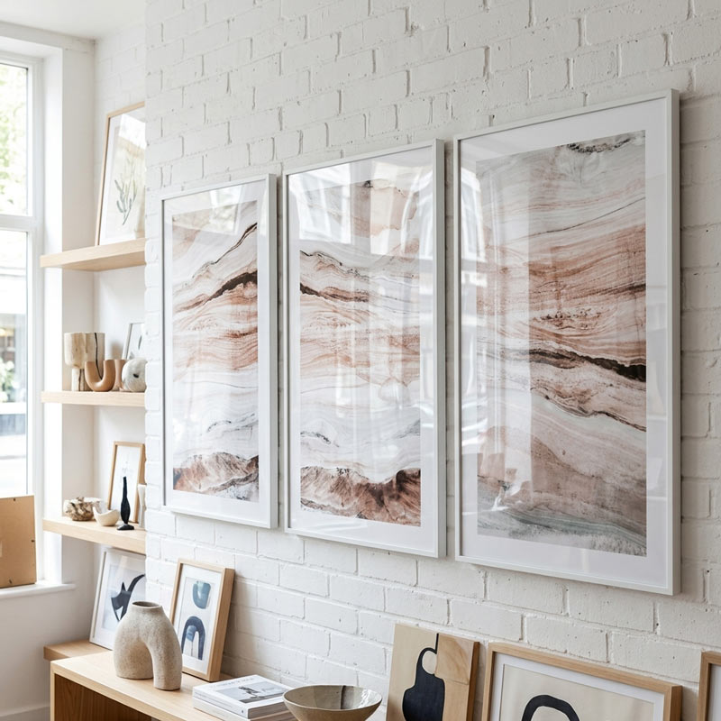 Three framed abstract artworks on a white brick wall with shelves and additional decor.