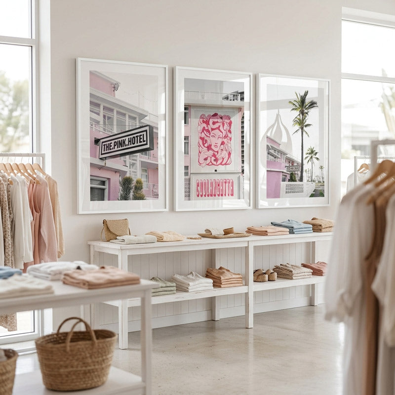 Interior of a clothing store with racks of clothes and framed pictures on the wall.