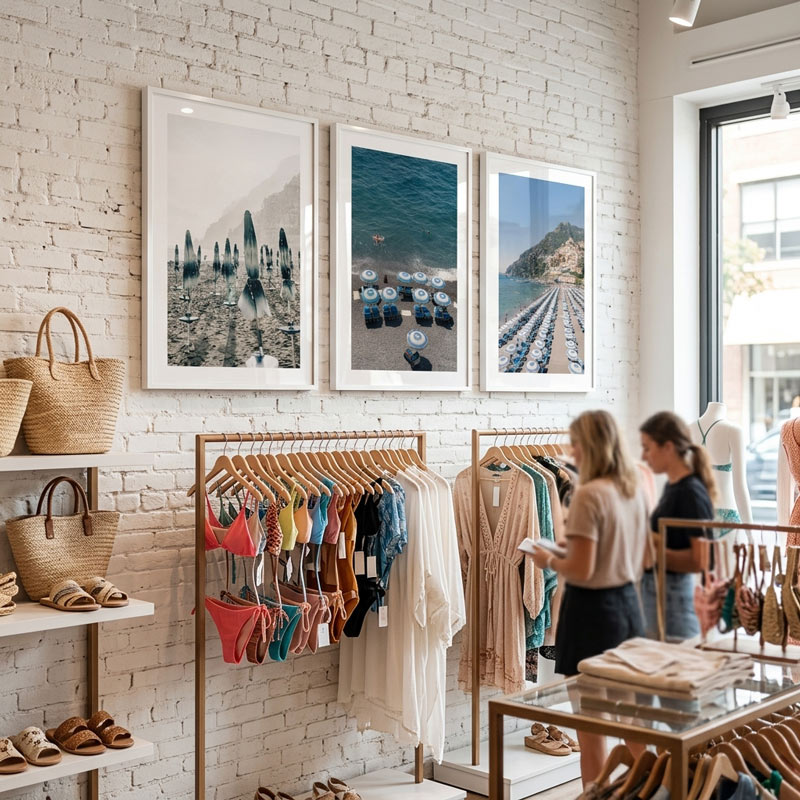 Retail store interior with clothing racks, shoes, and framed pictures on a brick wall.