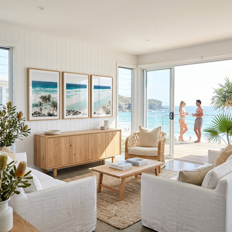 Modern living room with ocean view, wooden furniture, and people on a balcony.