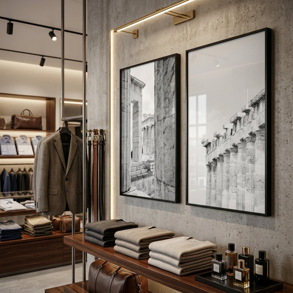 Modern clothing store interior with framed artworks on the wall.