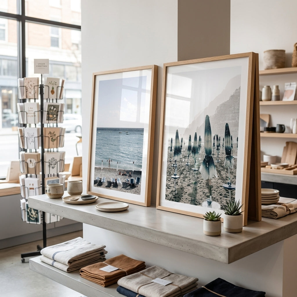 Framed artworks on a shelf in a store with greeting cards and folded fabric items.