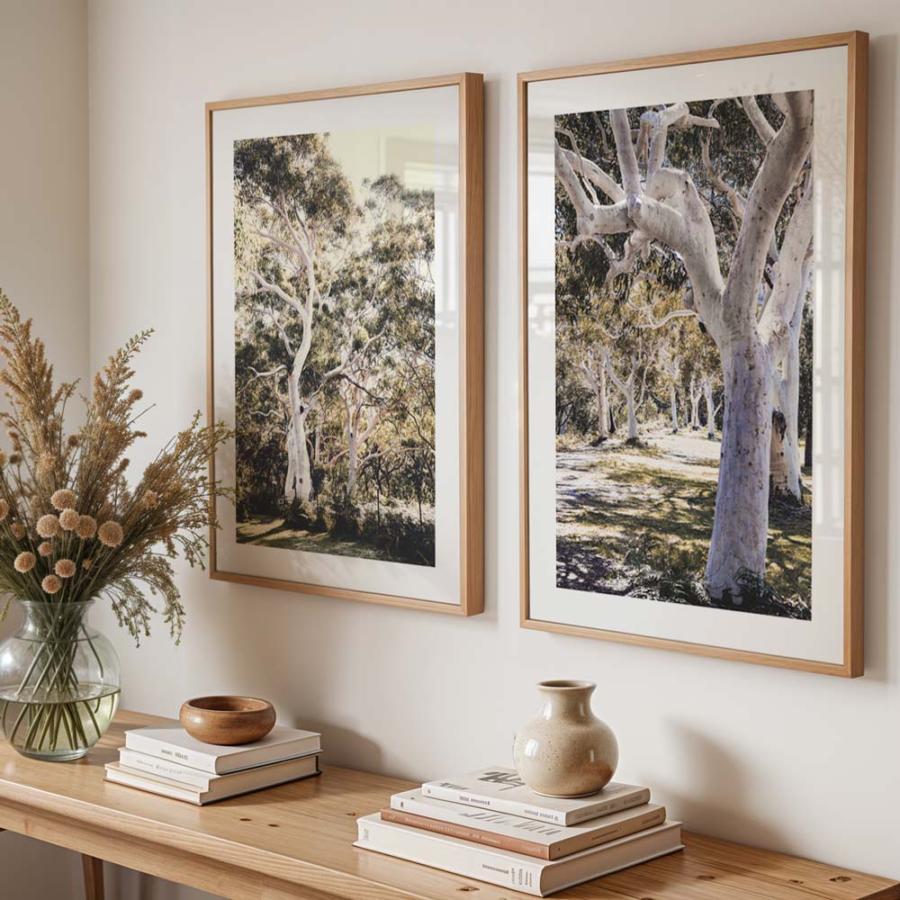 A pair of framed art prints depicting gum trees, placed on a wooden console table with decorative items and books.