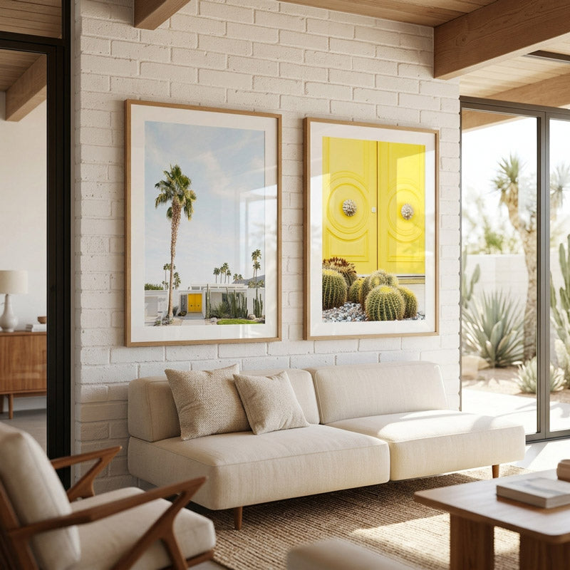 Modern living room with white brick wall, white sofa, and framed artwork.