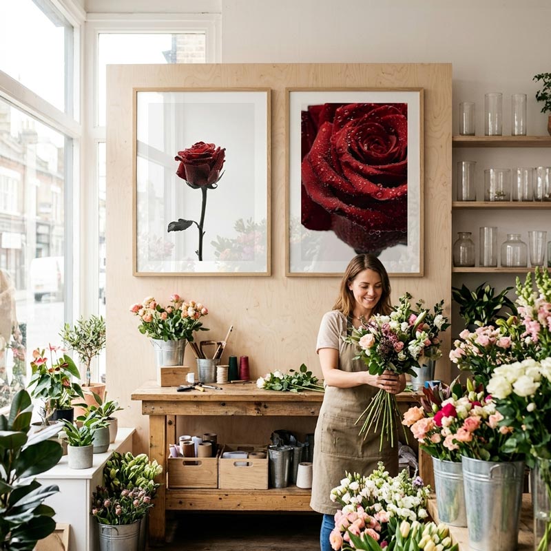 Woman working in a flower shop with floral arrangements and framed rose pictures on the wall.