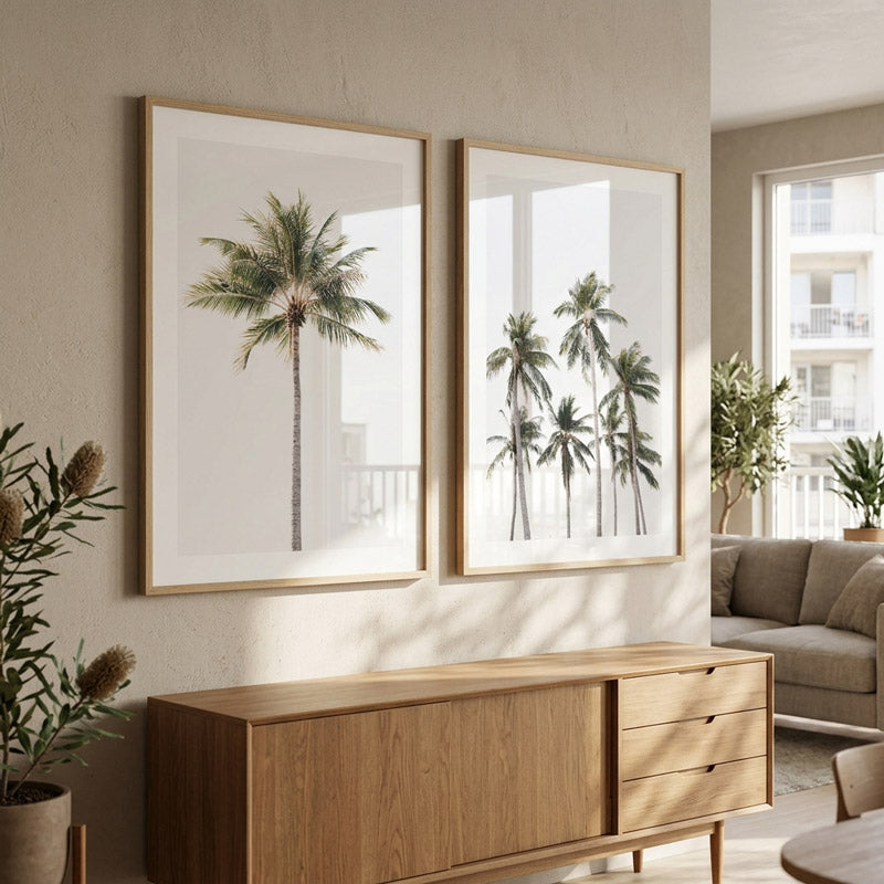 Two framed palm tree prints on a wall in a living room with a wooden cabinet and plants.