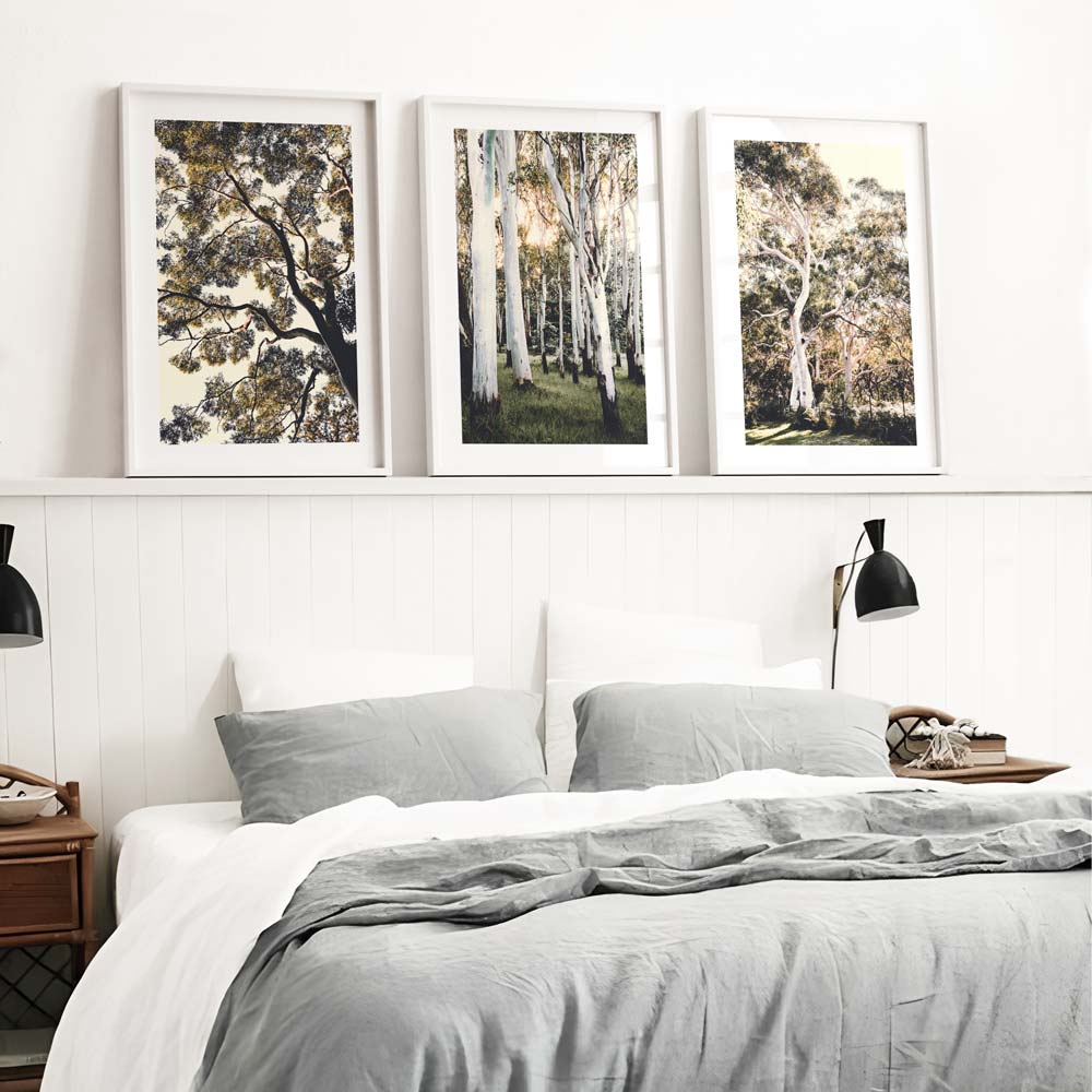 A set of three framed nature photographs hanging above a bed in a bedroom setting.