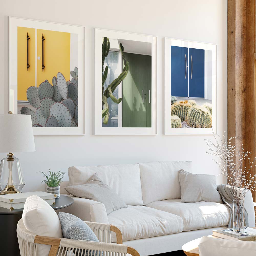 A set of three framed photographs featuring cactus plants, displayed in a home setting on a wall above a white sofa.