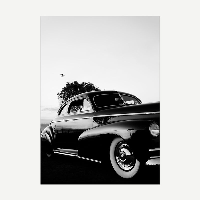 Black and white classic car with a tree in the background
