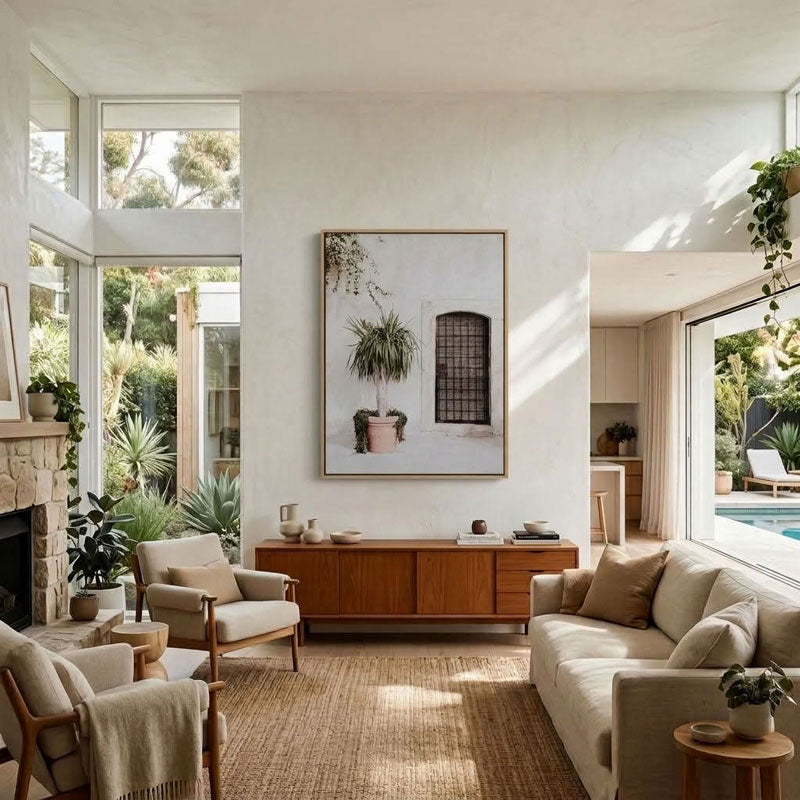 A large framed art print depicting a potted plant in front of a window, displayed on a white wall in a bright, modern living room with beige furniture and natural light.